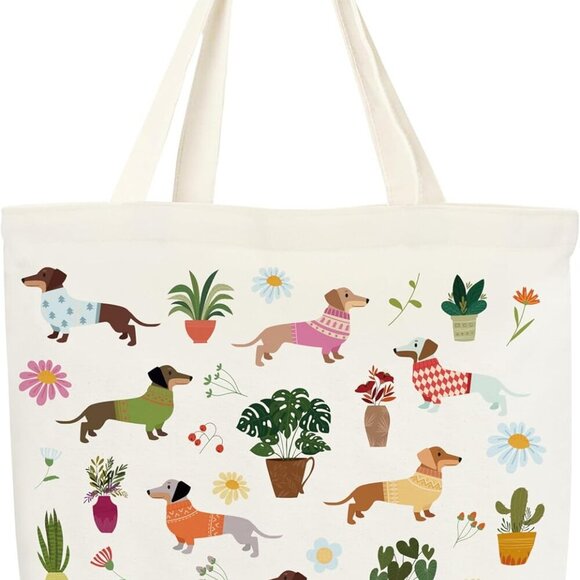 Canvas Tote Bag, Book Tote Bag, Dachshund Tote Bag, Potted Plant Lover Gift, Fun - Picture 1 of 5